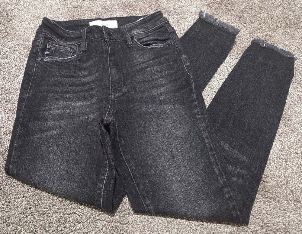 Women's Black Straight Leg Jeans with Frayed Hem and Side Slits 3/25